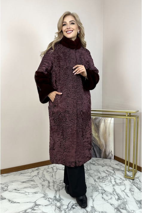 Шуба из каракуля с воротником, отделка норка 8013336