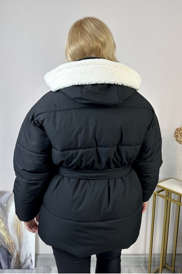 Пуховик женский из текстиля с капюшоном, отделка искусственный мех